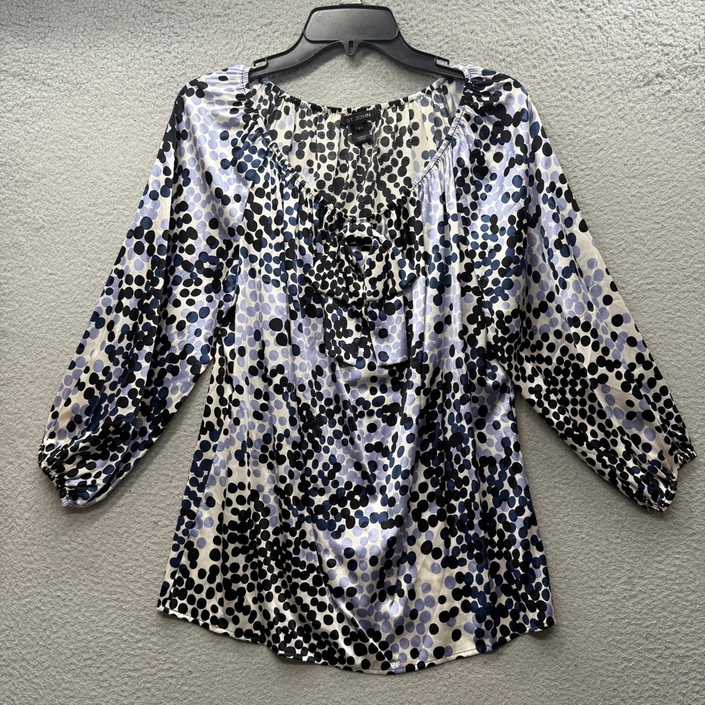 St. John Silk Polka Dot Bow Tunic Top Blouse Black Blue Balloon Sleeves Size 2